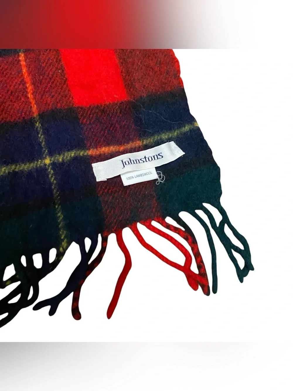 Johnstons of Elgin 100% Lambswool Red Plaid Fringe Made in Scotland Scarf